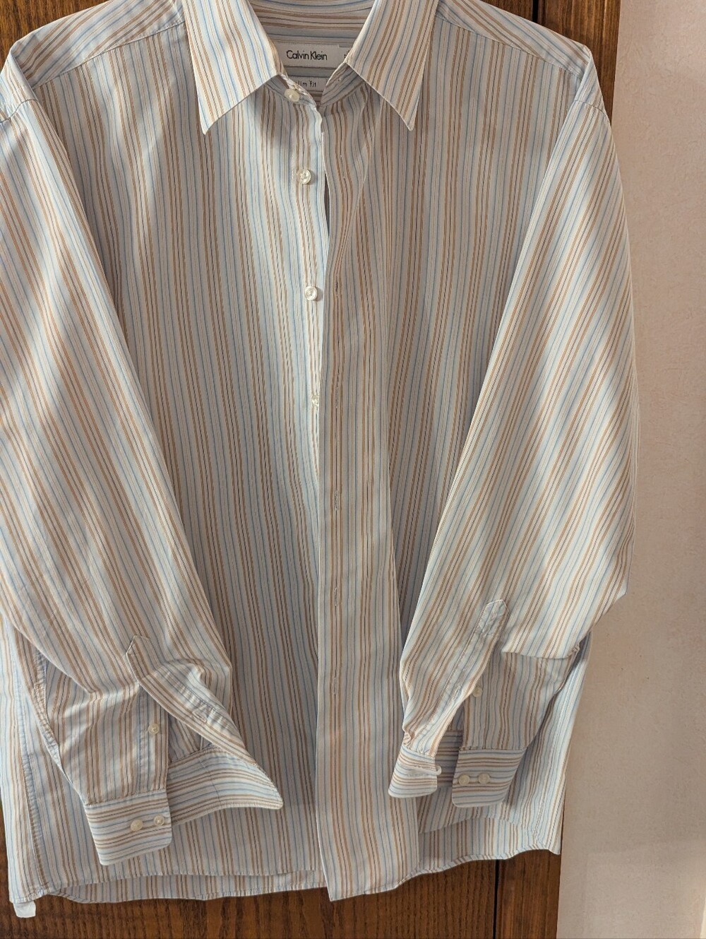 Calvin Klein Men's Multi-Stripe Dress Shirt - Light Blue, Tan & White